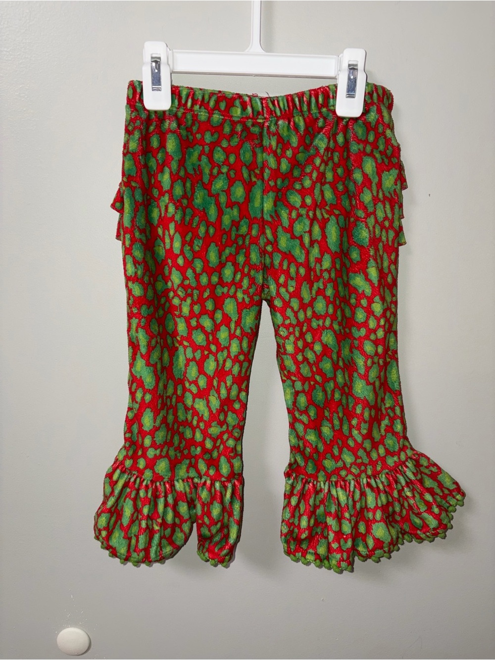 Mud Pie Green Red Mottled Abstract Christmas Ruffle Bell Bottoms Retro Y2K 2/3T
